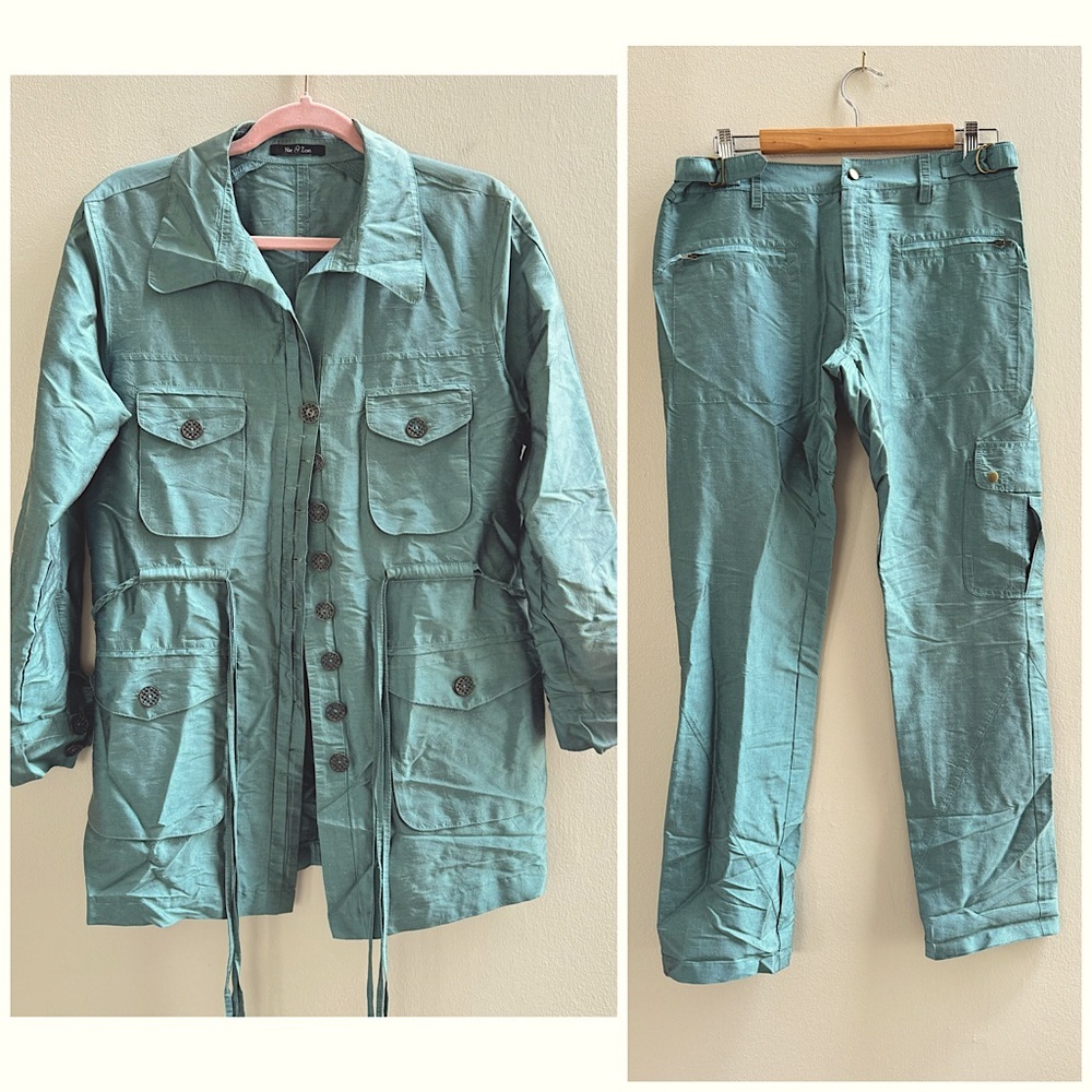 Nic + Zoe 100% Silk 2pc Jacket & Pant Set size 8 Seafoam Shimmer Blue Green